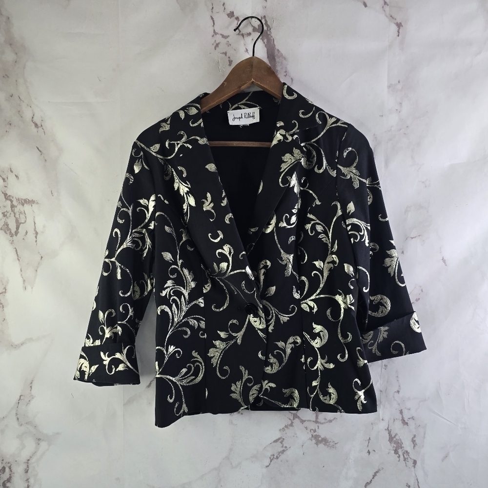 Joseph Ribkoff Jacket Womens Medium Black Silver Metallic Cuffed Shirt Blouse